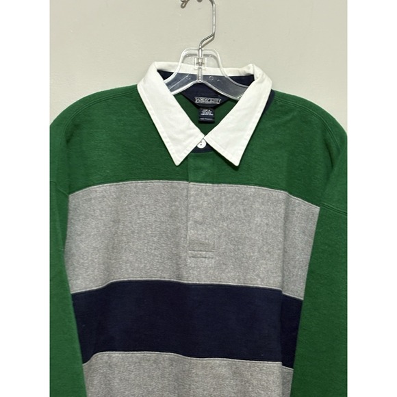 Vintage Lands' End Rugby Shirt L Green Gray Navy Stripe Made in Hong Kong NOS - Picture 2 of 11